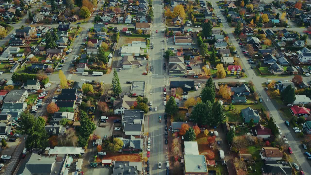 Aerial view of Cumberland, BC, depicting serene small-town life