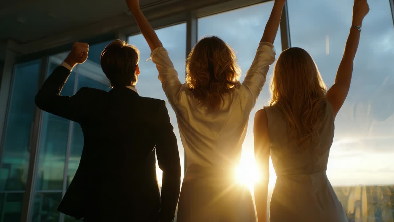 Celebratory Triumph: Three Individuals Silhouetted Against a Radiant Sunset, Their Arms Raised in Joyful Victory, Embracing Freedom, Success, and the Promising Horizon Ahead in an Urban Setting