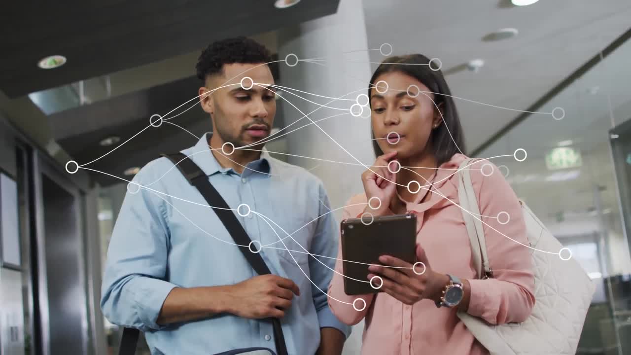 Animation of connections over diverse female and male coworkers using tablet