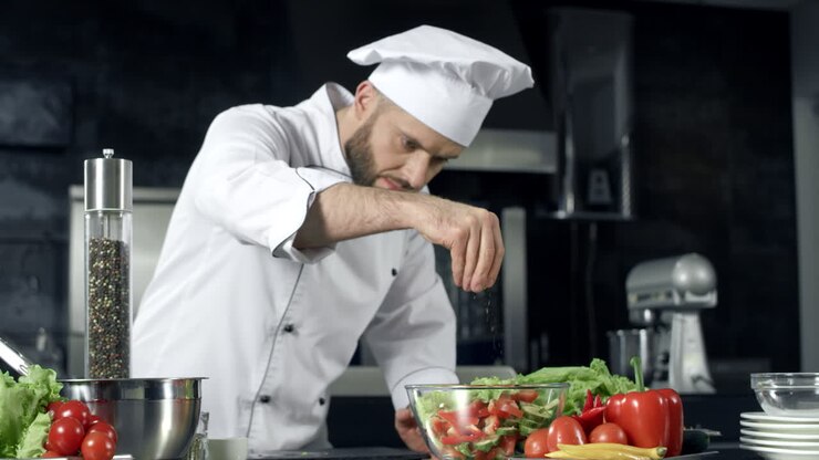 Koch pfeffert Gemüsesalat in Zeitlupe.