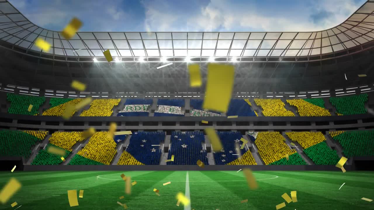 골든 콘페티가 떨어지는 스포츠 경기장