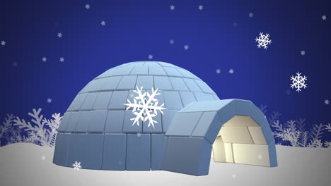 digital animation of snowflakes falling over igloo on winter landscape