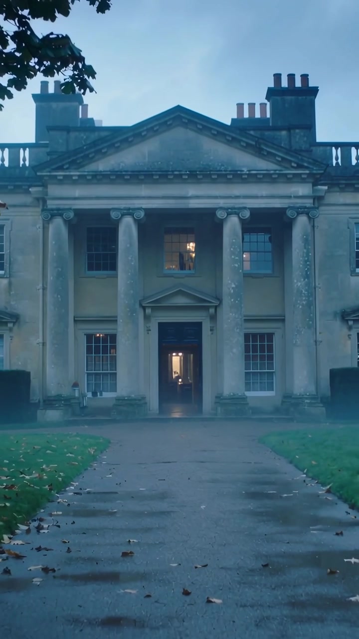 Vertical video: Dusk settling, manor casting warm upper-window silhouette and lighting wet path