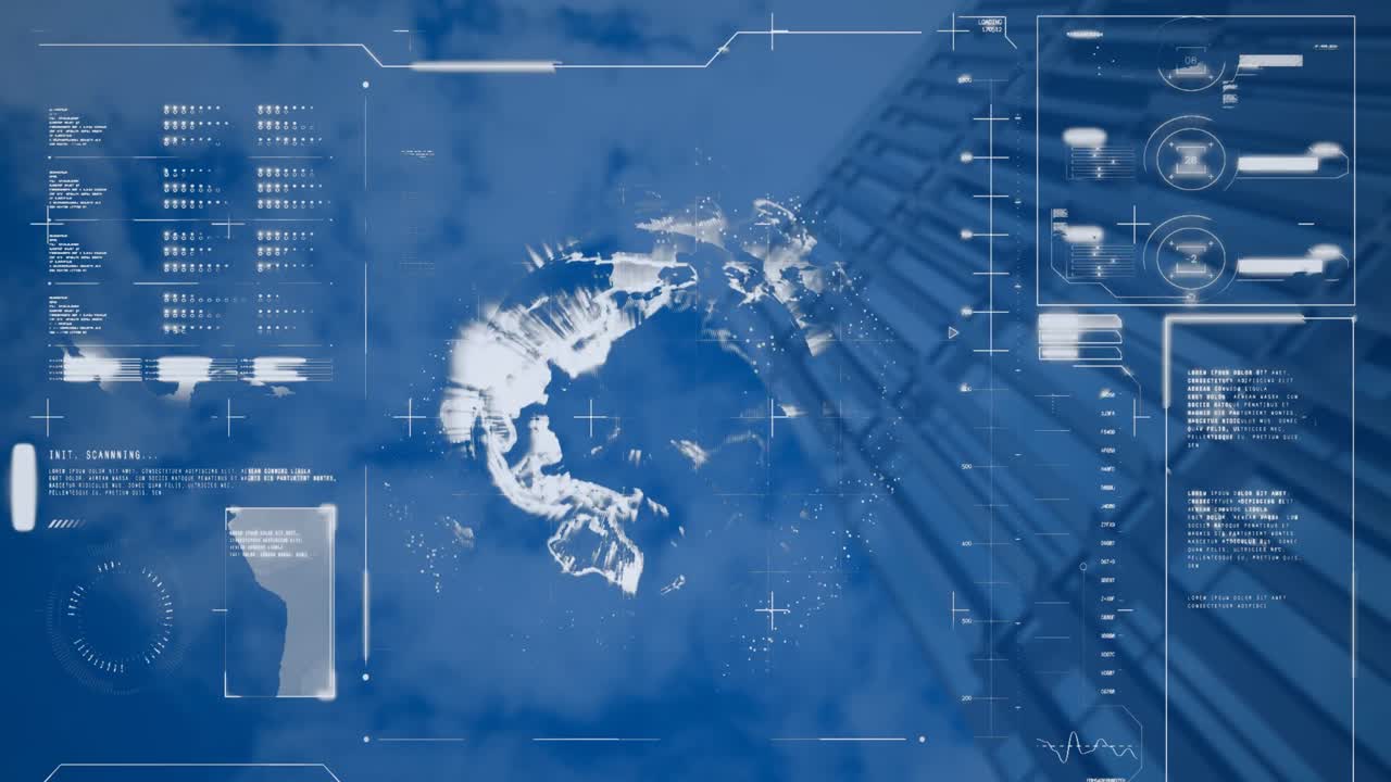 지구상의 애니메이션, 로딩 바, 컴퓨터 언어, 구름 하늘에 대한 건물의 낮은 각도 시각