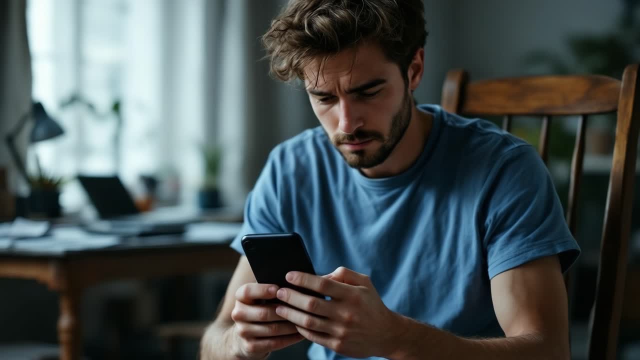 Un uomo che guarda intensamente il suo smartphone al chiuso