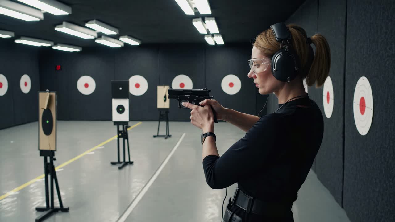 Woman practicing pistol shooting at a shooting range