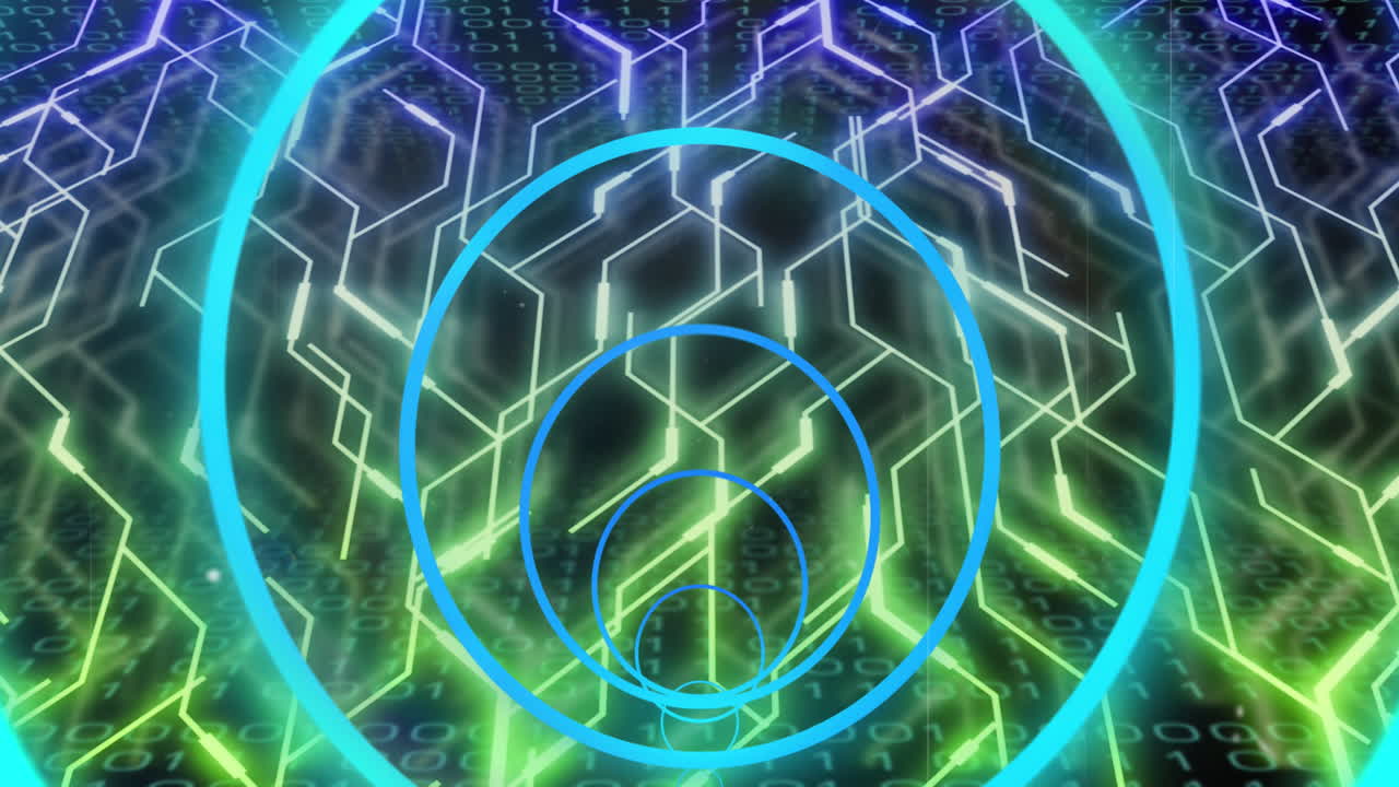 animación de círculos azules de neón y procesamiento de datos a través de una placa de circuito