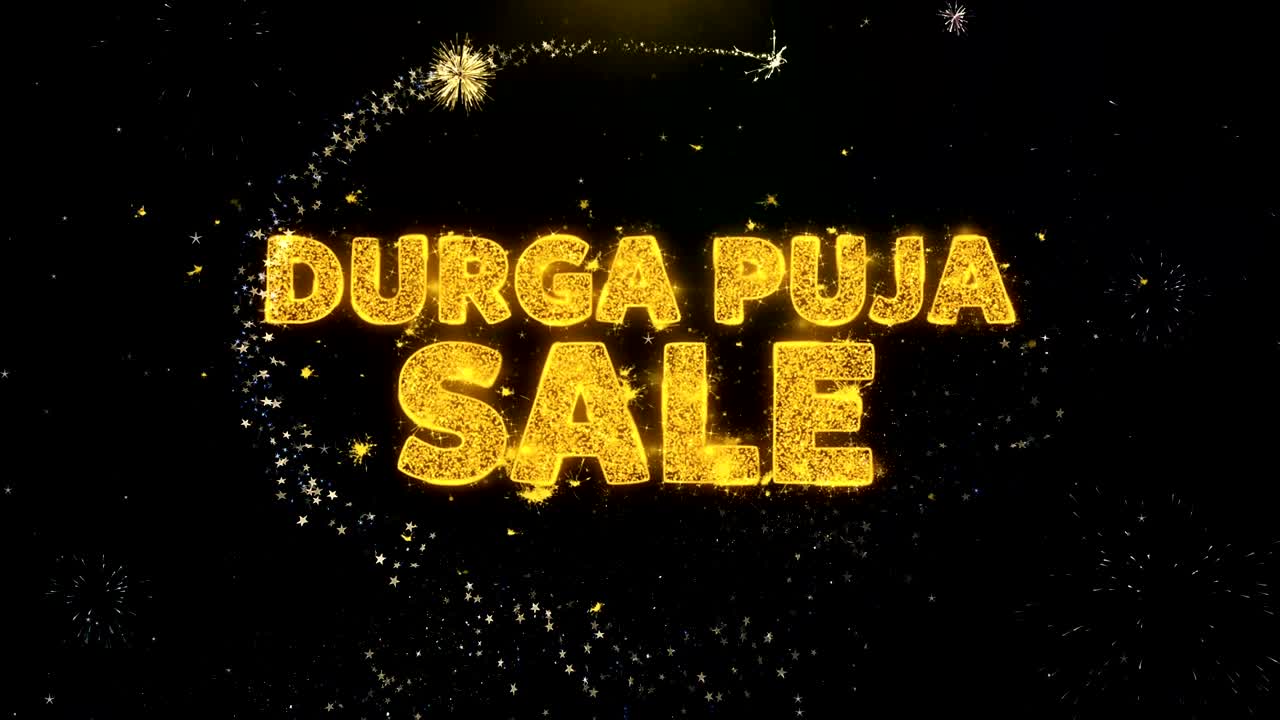 durga puja texto de venta en las partículas de oro exhibición de fuegos artificiales.