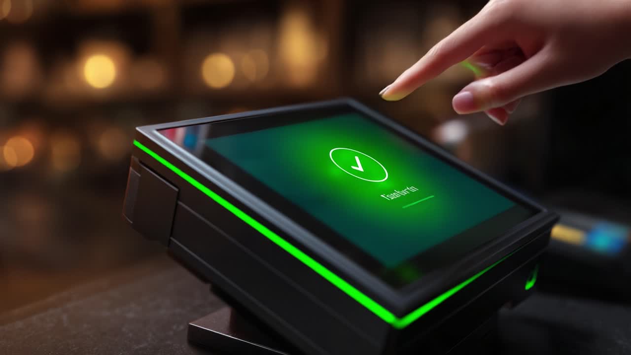 A hand interactively confirms a successful transaction on a vivid touchscreen interface, showcasing modern technology’s simplicity and efficiency in customer service environments