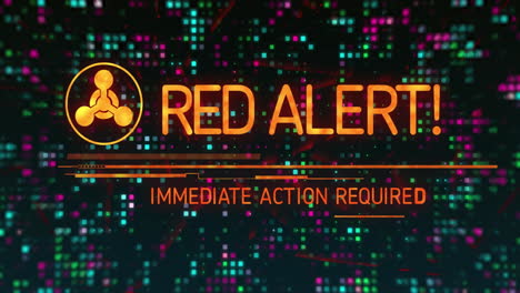 Red Alert text animation over colorful digital grid background with immediate action required