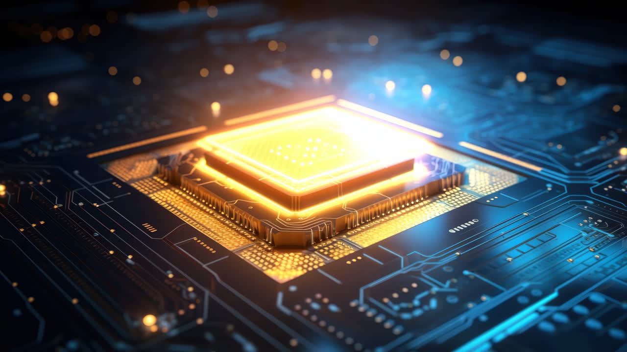 Futuristic microchip close-up, top-down angle. Glowing circuits and vibrant colors