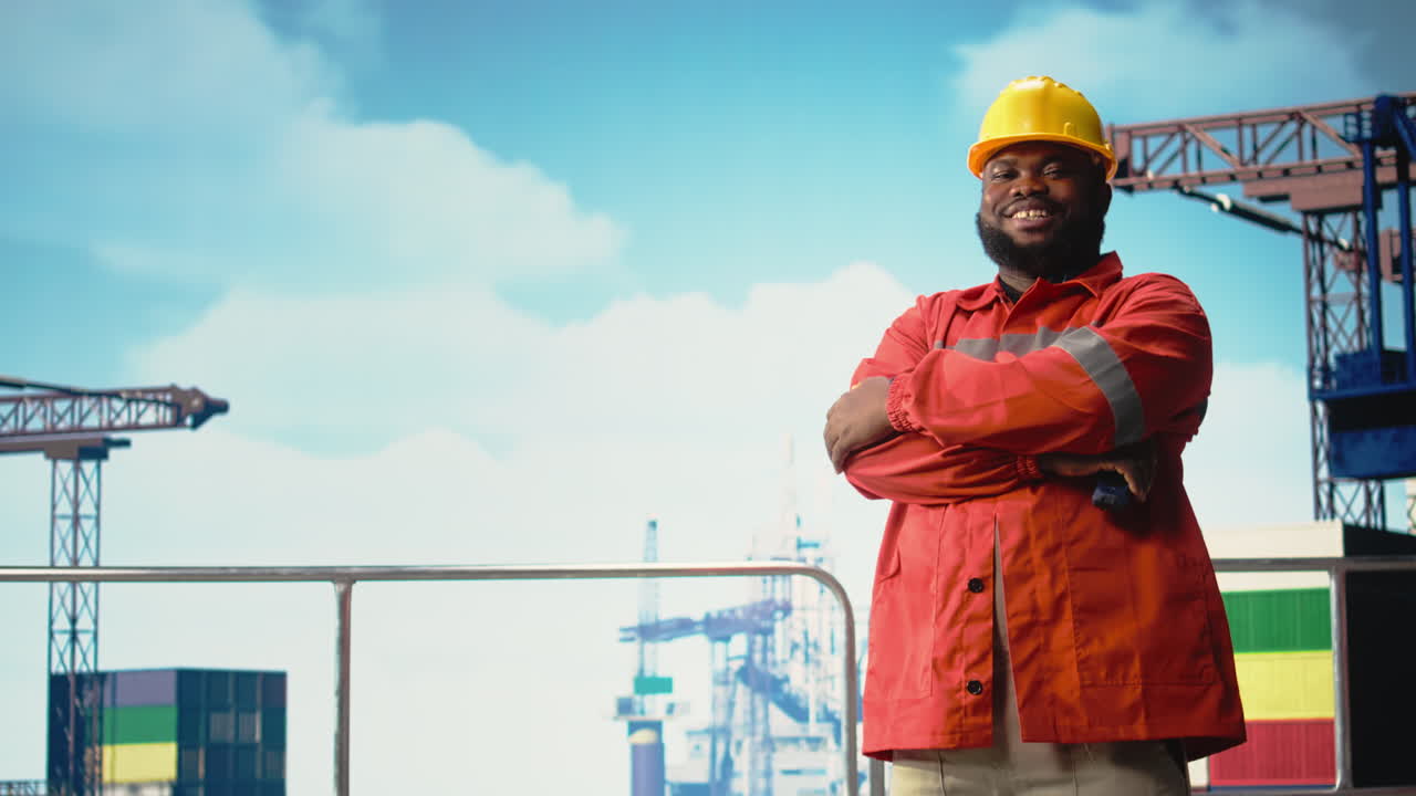 Vertical video Portrait of happy drilling barge engineer using walkie talkie