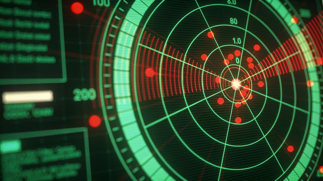 Rotating sweep starting radar screen showing red blips clustering near central marker for tracking