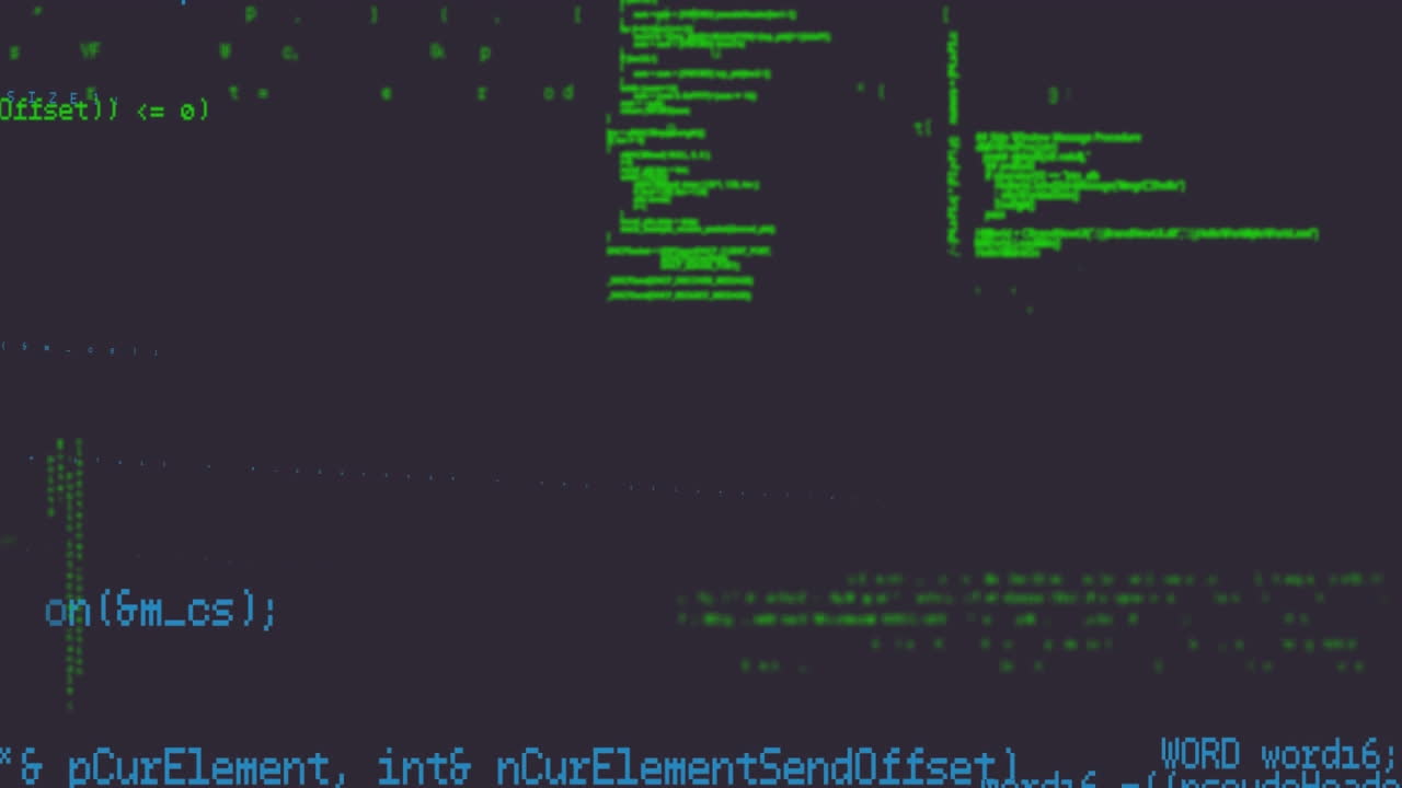 Animation of green and blue data and information processing on dark background