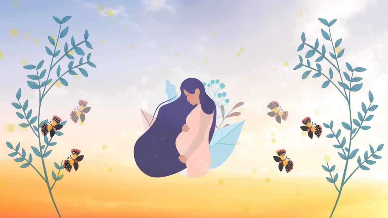 Animation of illustration of butterflies flying over pregnant woman ...