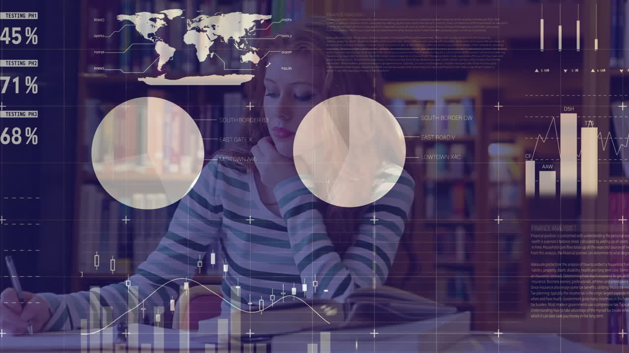 animación del procesamiento de datos financieros sobre estudiante caucásica