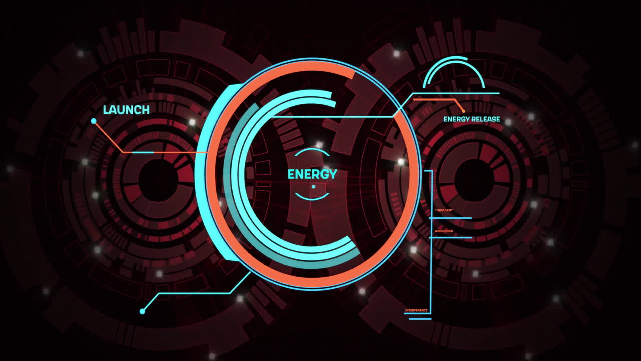 Animation of energy, launch interface processing over circular scanners on dark background