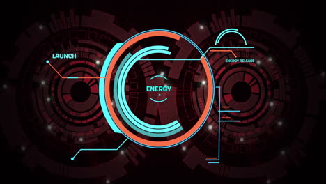 animation of energy, launch interface processing over circular scanners on dark background