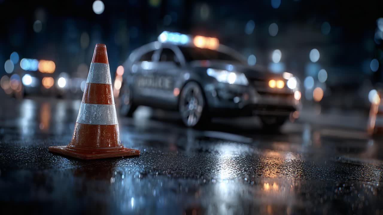 A police car stands by with flashing lights at night, illuminated reflections on the wet asphalt enhancing the atmosphere around a traffic cone marking an area