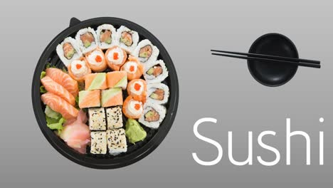 animación de sushi y plato de sushi con palos en fondo gris
