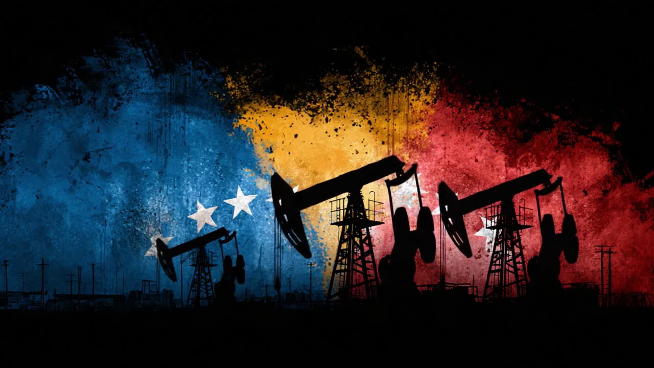 A Powerful Depiction of Oil Derricks Silhouetted Against a Colorful Background Representing a Nation's Identity and Resources