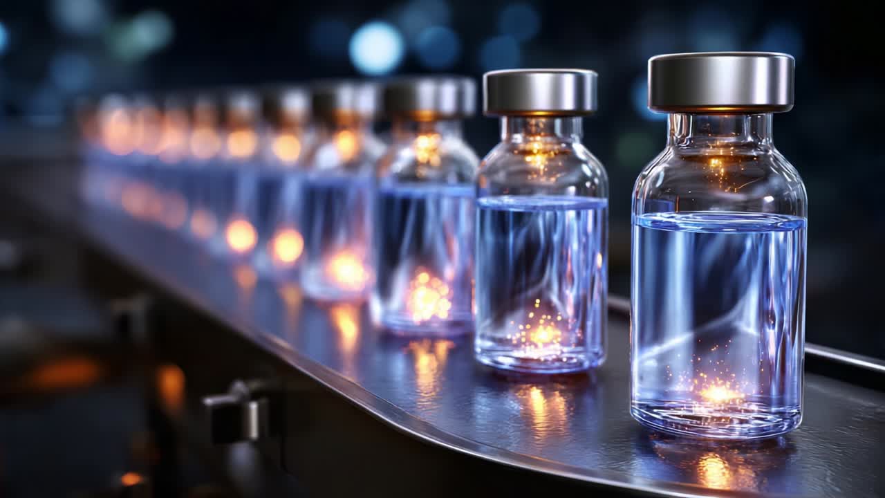 A Close-Up View of Glowing Glass Vials on a Production Line, Featuring a Series of Bottled Liquid Illuminated by Soft Lights in a High-Tech Laboratory Setting