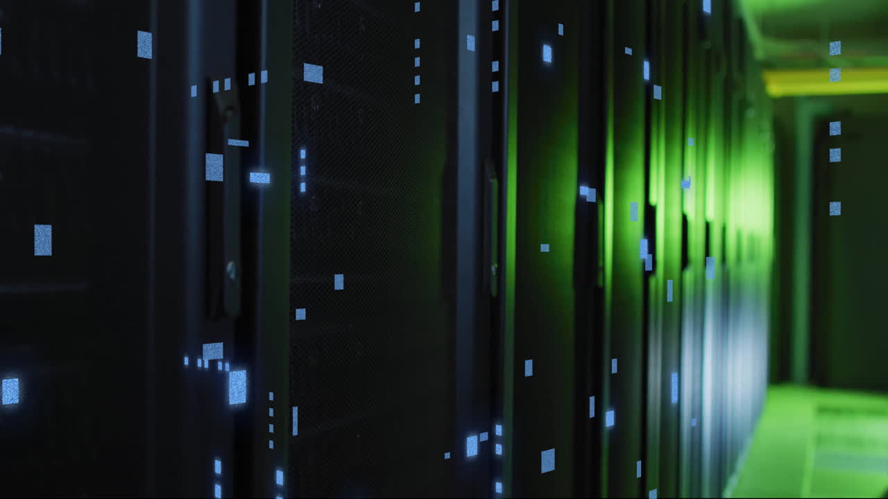 Animation of digital data processing and circuit board over computer servers