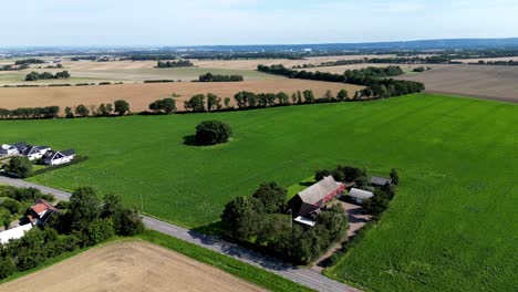 Green-and-golden-fields-and-houses-in-Hässlunda-near-Mörarp-in-Skåne,-Sweden