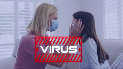 Animation-of-covid-virus-text-over-caucasian-blonde-mother-and-her-daughter-wearing-face-masks