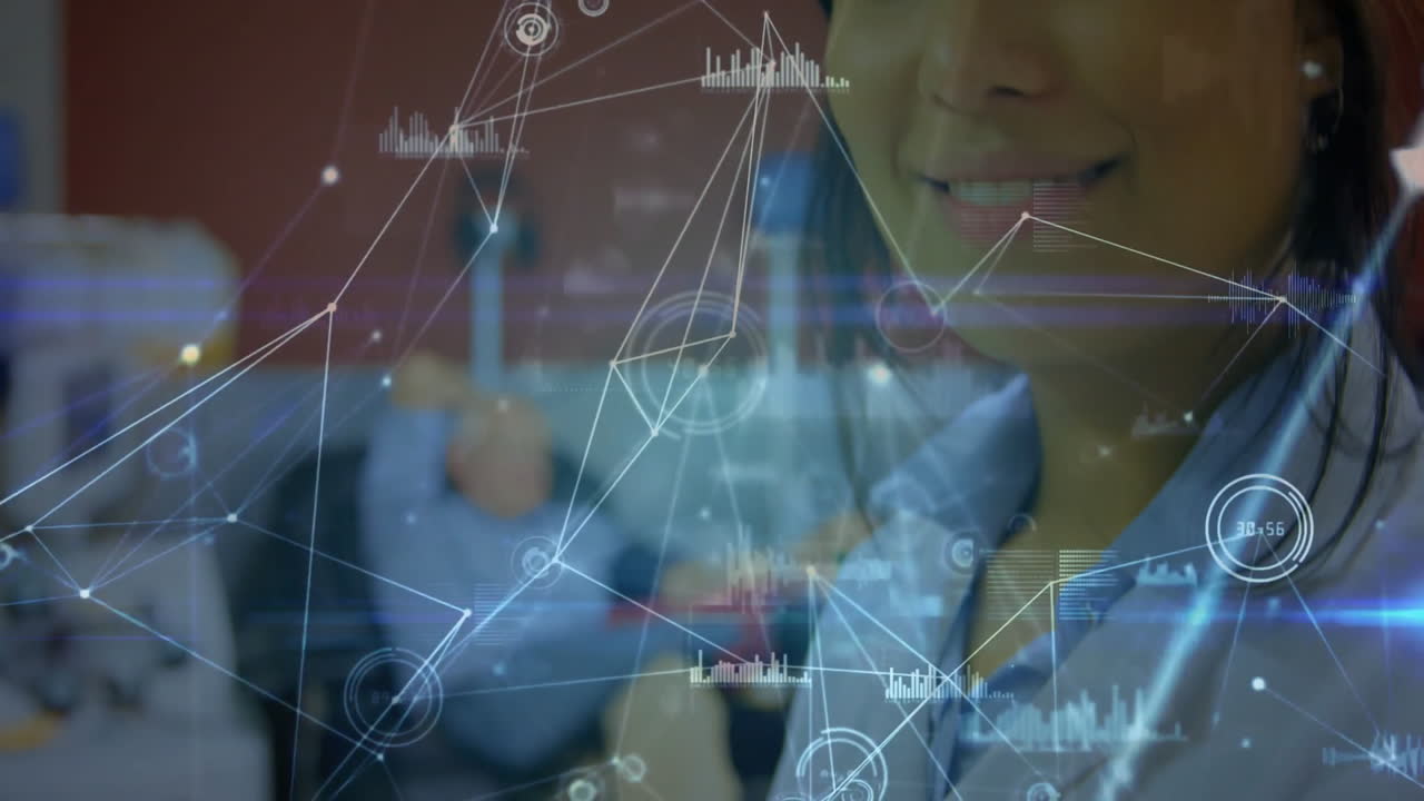 Smiling person with digital network and data processing animation overlay