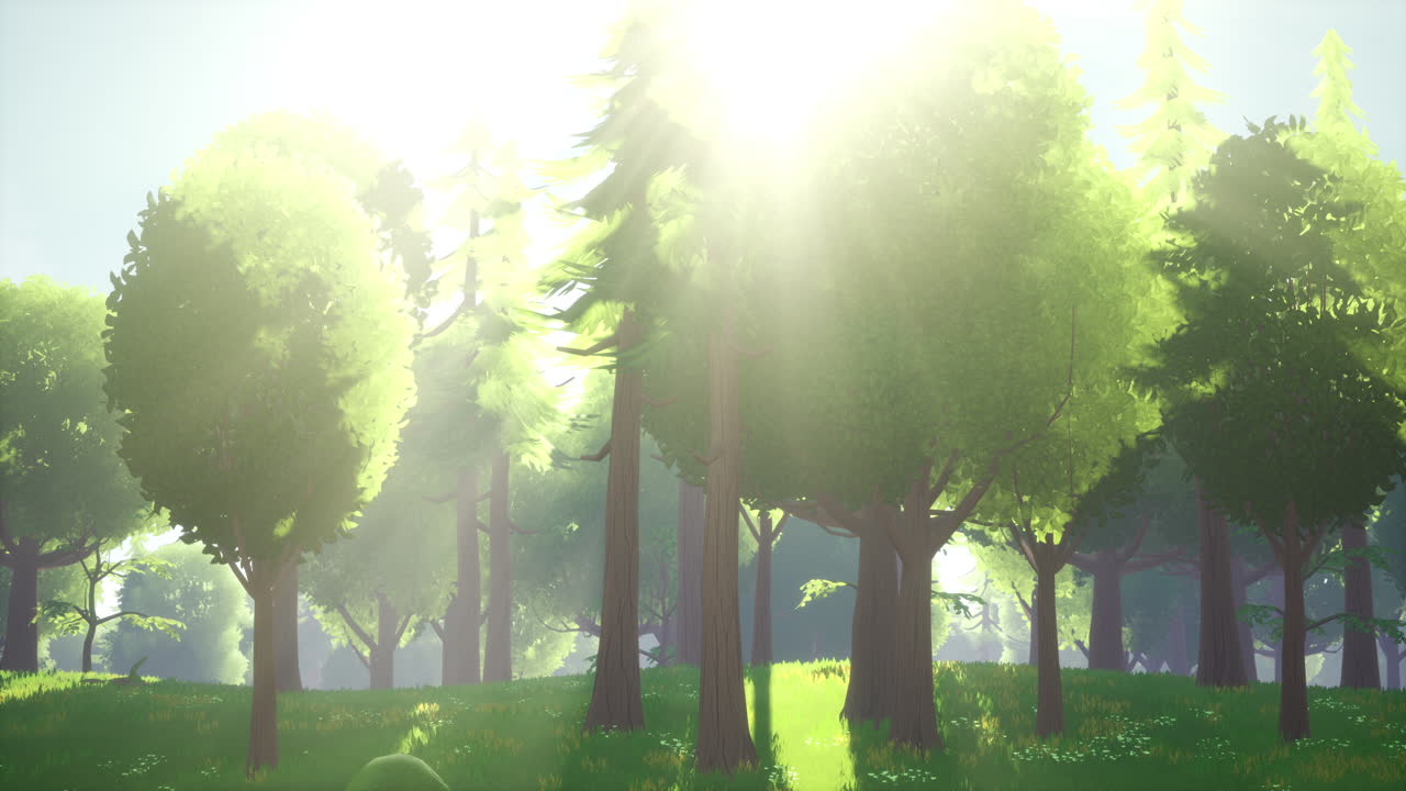 나무 와 꽃 이 있는 만화 녹색 숲 풍경