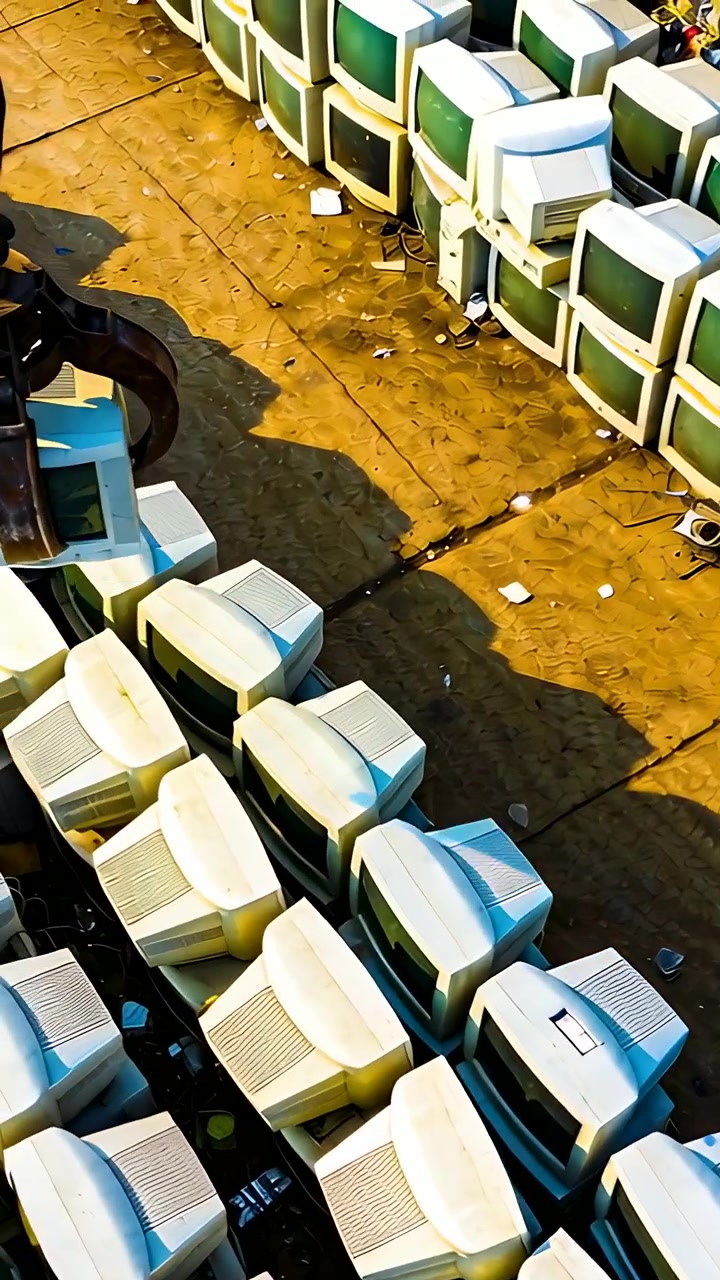 Vertical video: Maneuvering grapple as machinery starting, lifting stacked CRTs in scrap yard