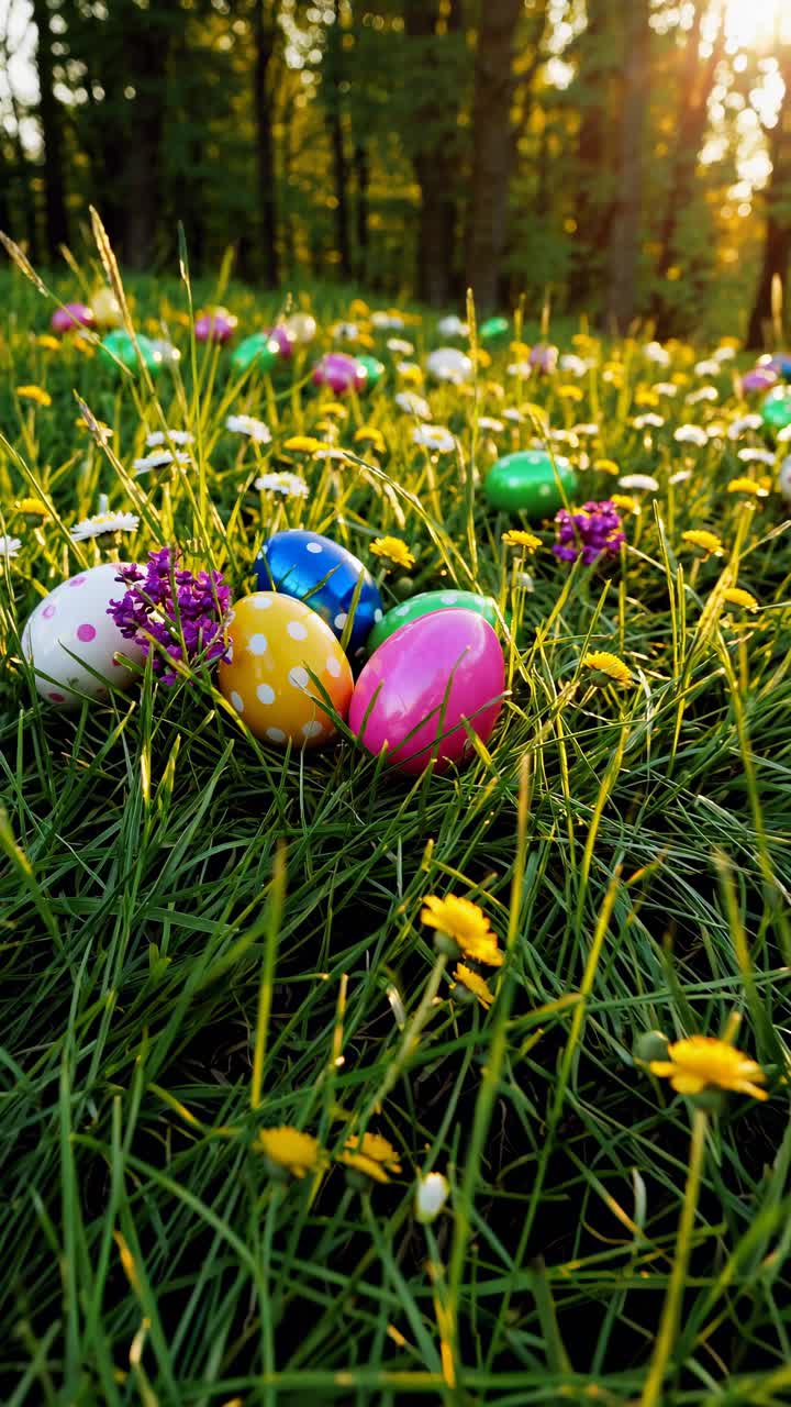 Video con angolazione dal basso di colorate uova di Pasqua sparse in un prato soleggiato, circondate da vivaci