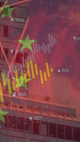 animation of flag of china and data processing over cityscape