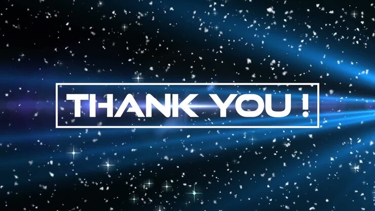 Animation of thank you text over blue lights and snowflakes on black background