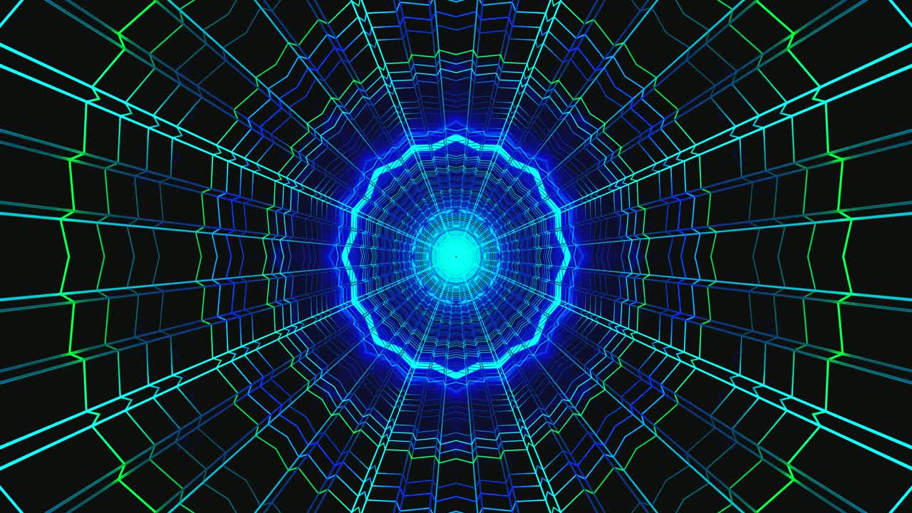 This seamless looping video creates a mesmerizing tunnel effect with glowing green neon lights. The dynamic visuals provide a captivating experience ideal for screensavers or ambient displays