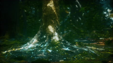 old trees with lichen and moss in green forest