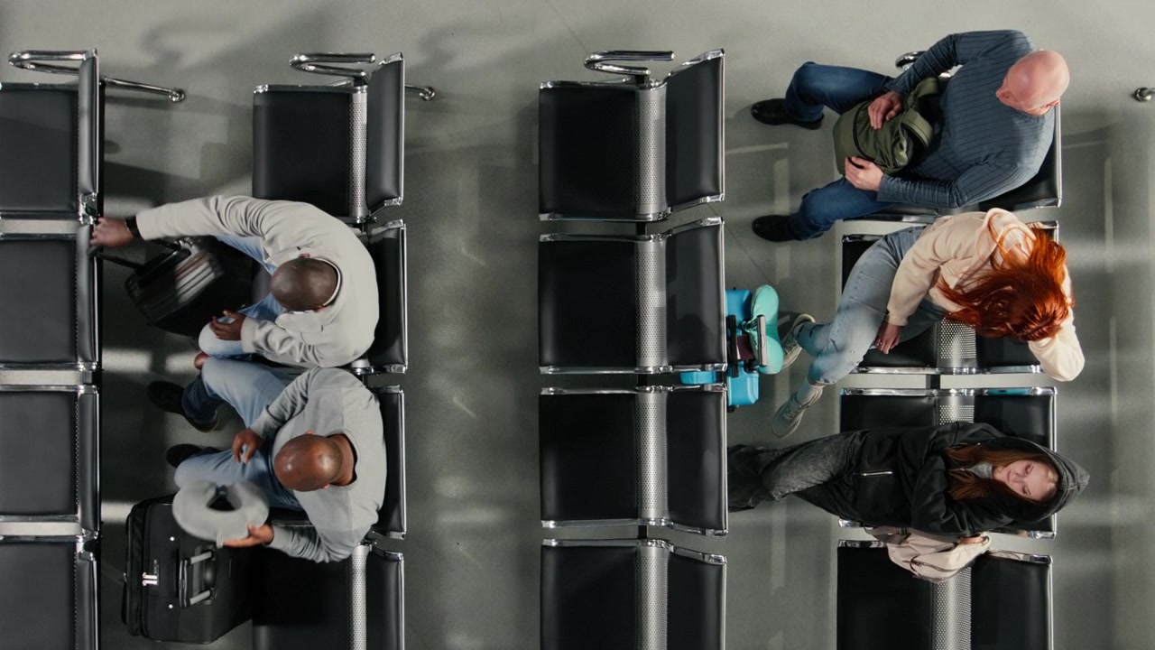 Group of passengers walking in airport terminal during long flight layover