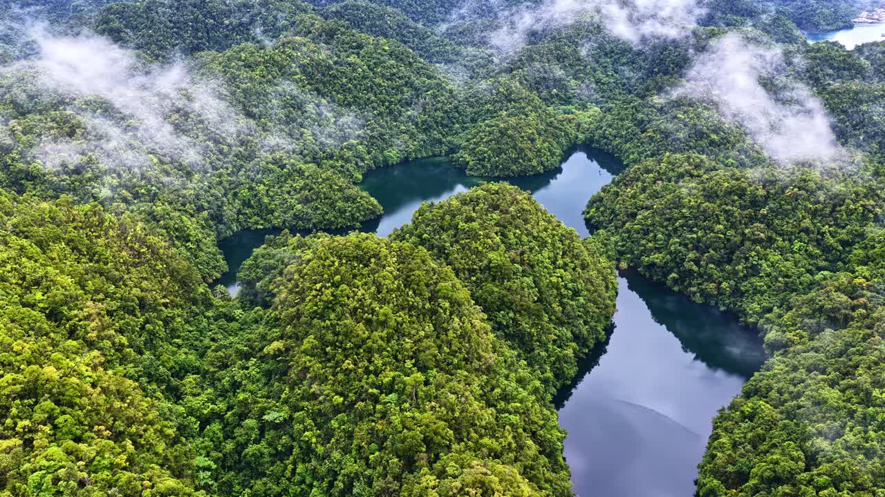 Nubes ondulantes revelan exuberantes colinas verdes y lagos escondidos, creando un paisaje misterioso.
