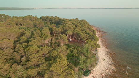 Superb-Green-Pine-Forest-Near-The-Scenic-Beach-Of-Croatia-With-Crystal-Clear-Sea-In-Summer