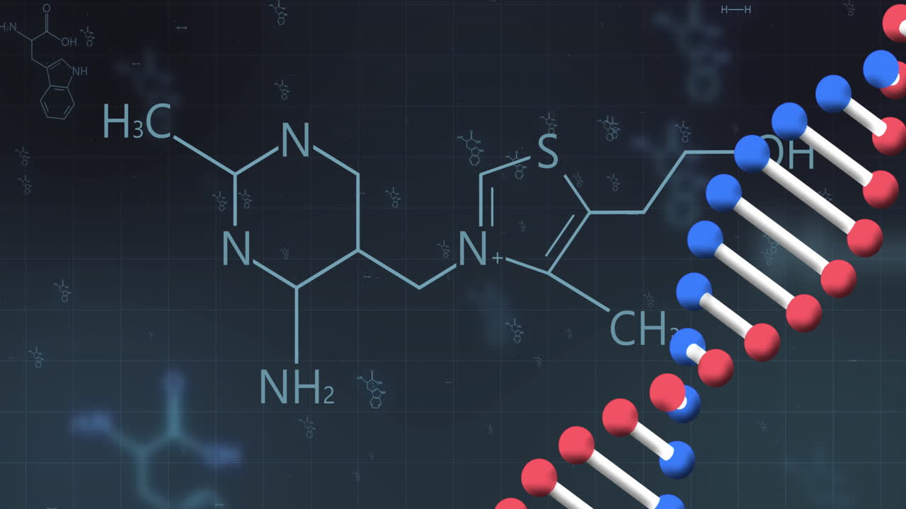 어두운 배경에서 원소 구조와 네트워크를 돌리는 dna 가닥