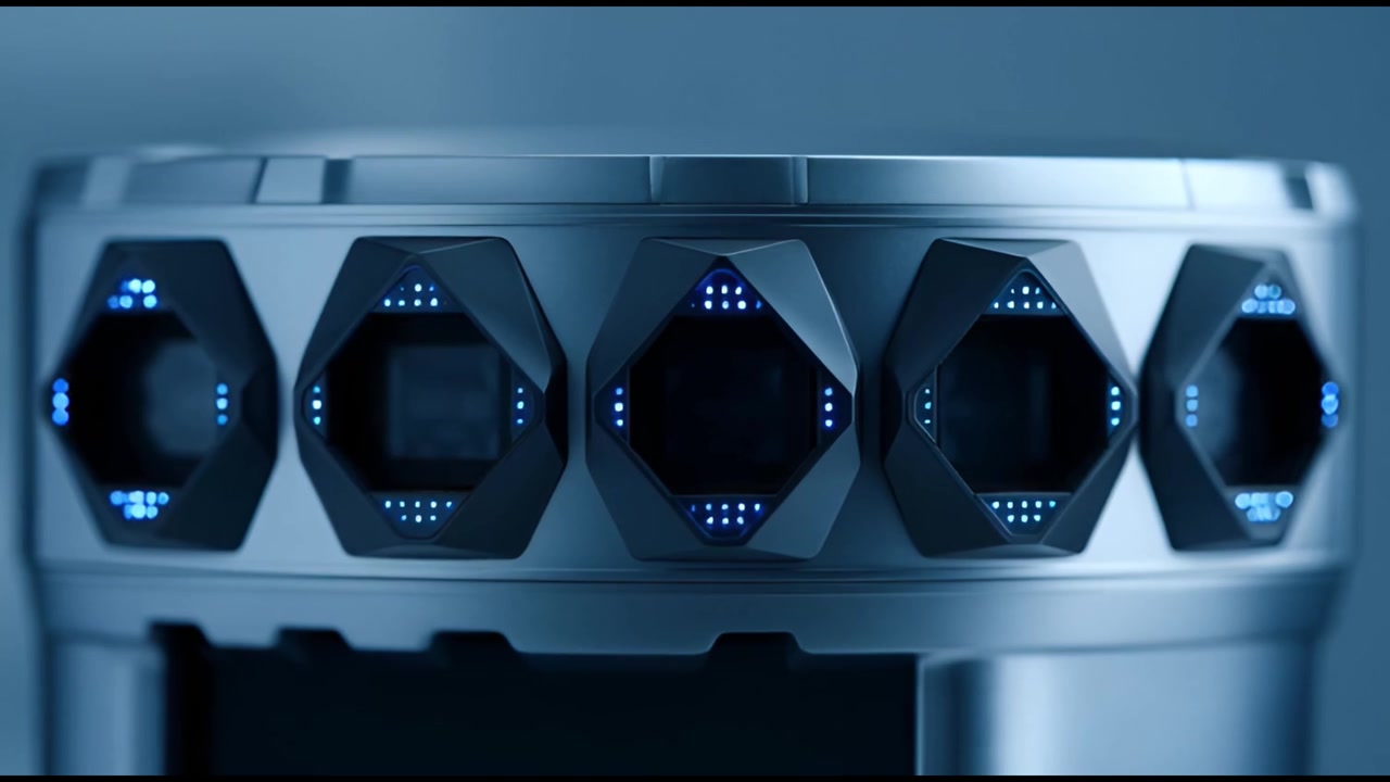 Dispositivo robótico futurista con sensores LED azules luminosos