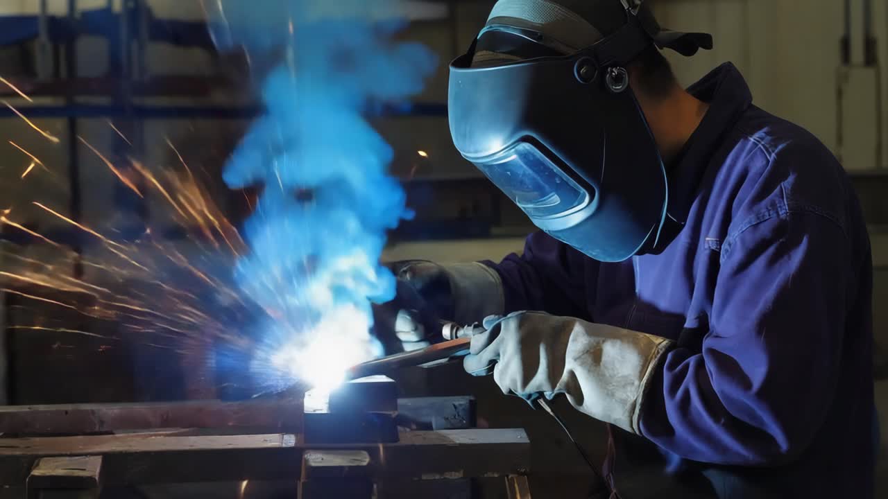 A close-up of a welder in protective gear creating sparks and blue smoke during metalwork