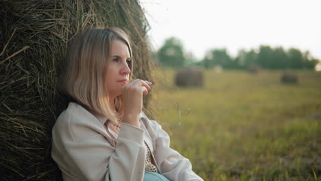 woman lost in thought with something in her mouth, adjusting her head on hay bale in open field, peaceful rural landscape with golden light and scattered hay bales