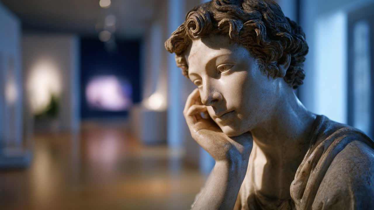 Una pensosa scultura in marmo di una giovane figura maschile in una galleria di museo, che cattura l'essenza della contemplazione e della maestria artistica con dettagli mozzafiato.