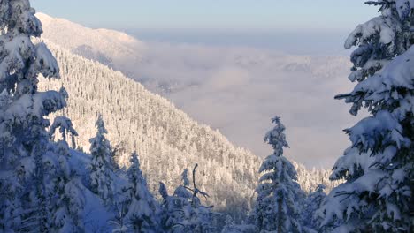 Mesmerizing-winter-timelapse-from-mountain's-peak,-revealing-a-sea-of-moving-clouds-in-the-enchanting-valley-below