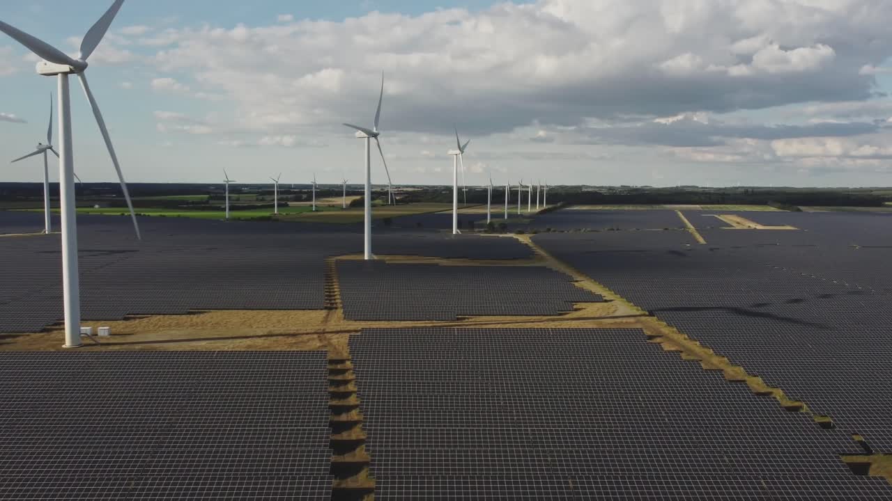 Scenery Of Wind Farm Turbines And Solar Cell Plant On Rural Landscape Near Holstebro, Denmark