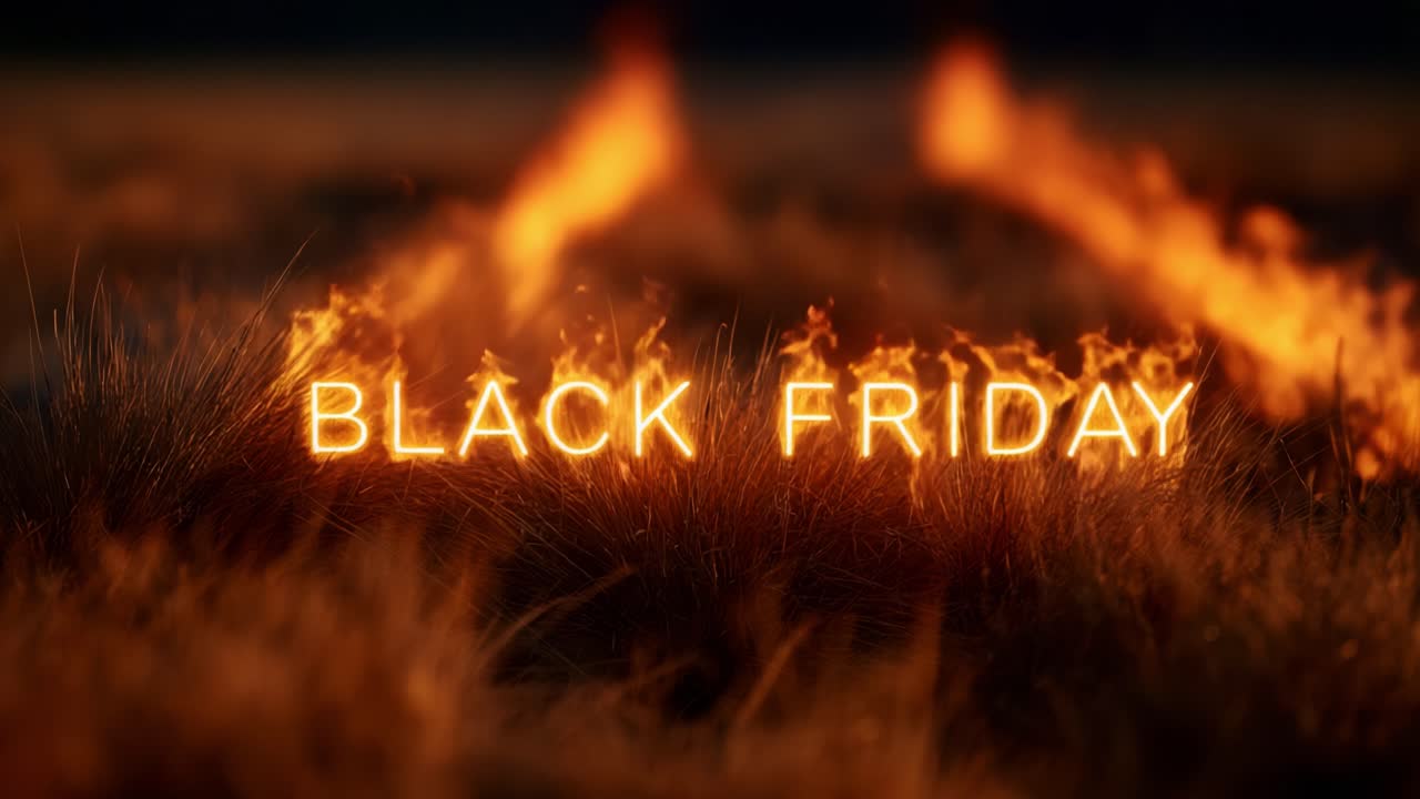 A Dramatic Display of Flames Illuminates the Grass as the Iconic Phrase 'Black Friday' is Formed in Fiery Letters, Creating an Intense Visual Representation of Excitement and Consumerism