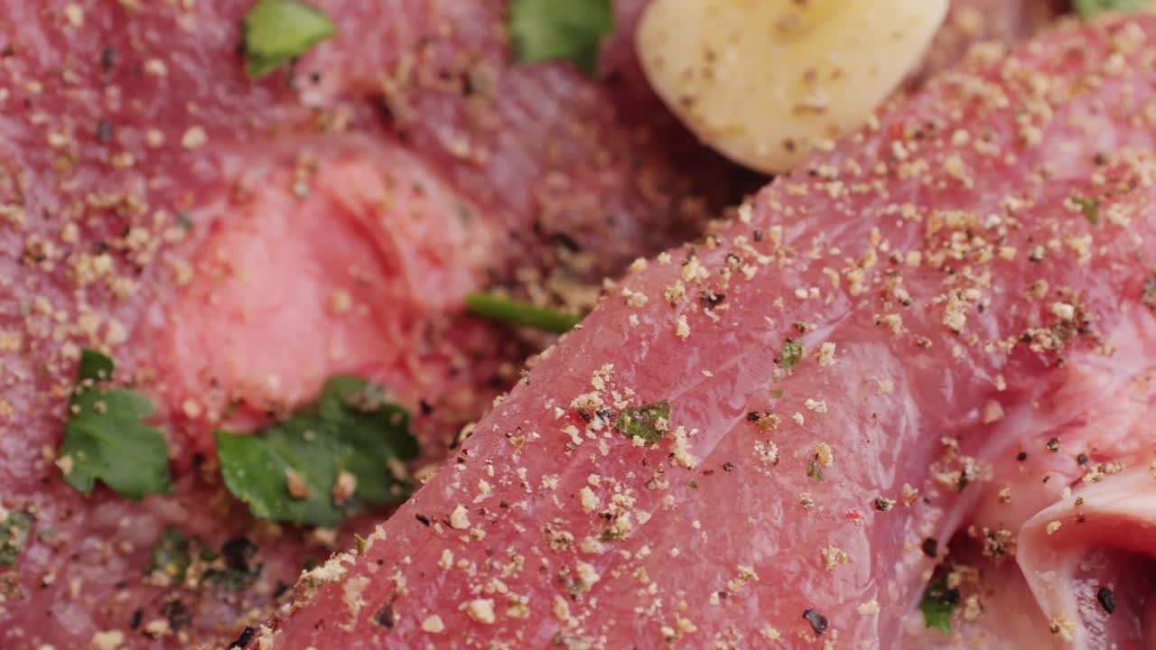 Raw slice beef meat in spices: paprika, salt, pepper, turmeric on plate close-up. Preparing raw food for cooking. Grill and Fry beef, pork, chicken, duck, turkey kebab with vegetables.