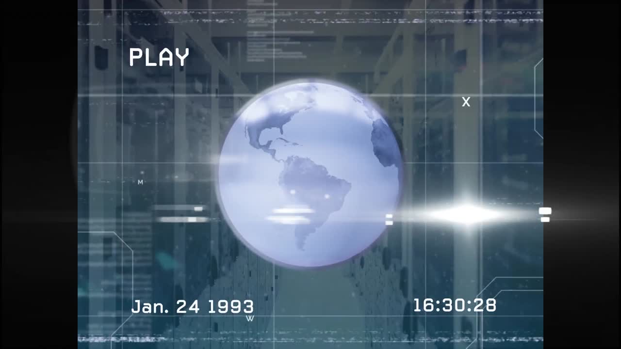 Animation of globe and data processing on digital screen